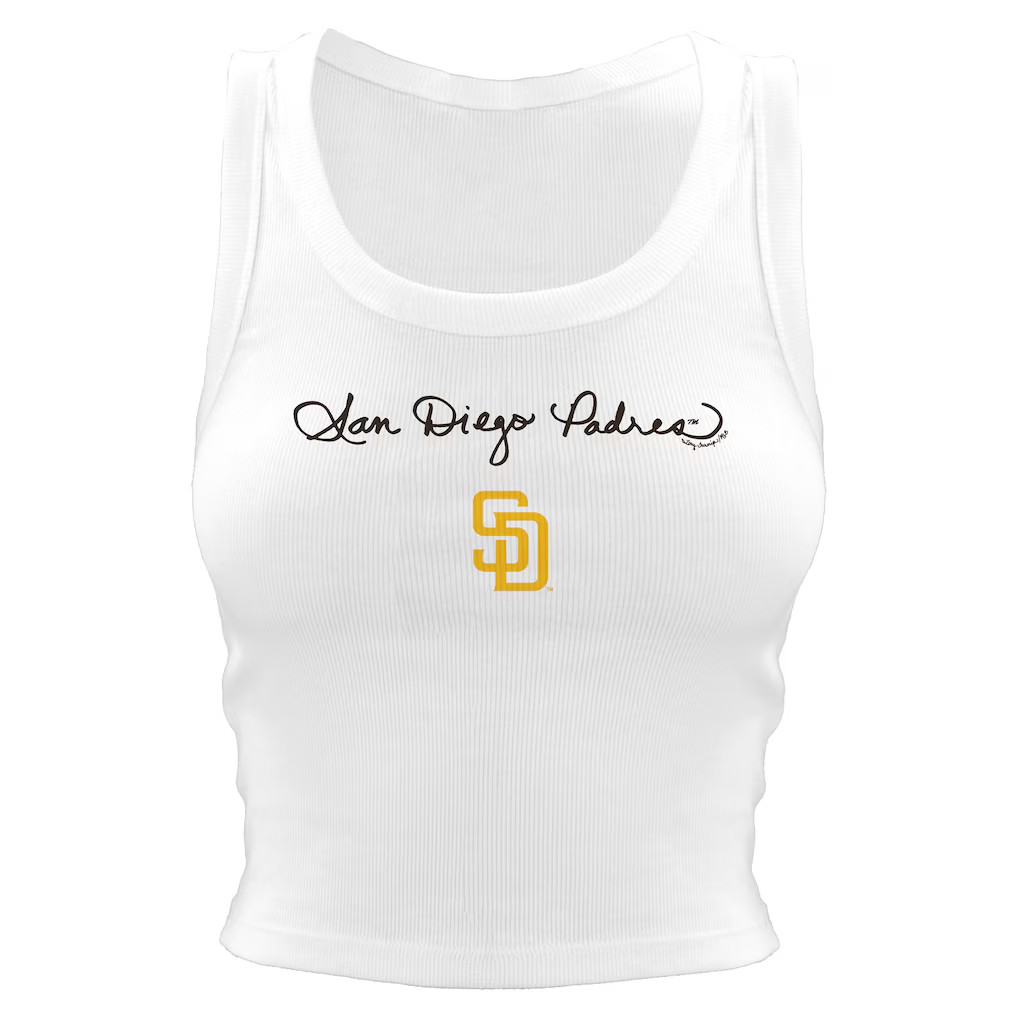 San Diego Padres Merch 2026 SD Padres Tiny Turnip Women's Script Logo Crop Tank Top White