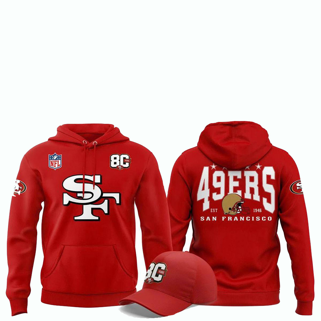 San Francisco 49ers Celebrate 80 Years Faithful 2026 Red Hoodie SF 49ers Merch Gifts For Fans