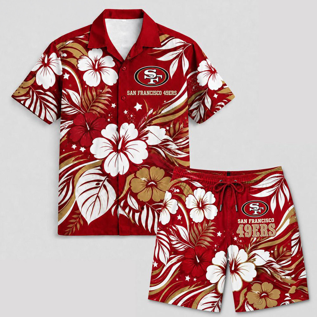 San Francisco 49ers Floral Summer Hawaiian Shirt And Shorts Set 2026 49ers Merch Gifts For Fans