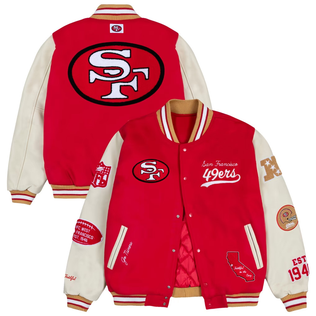 San Francisco 49ers Golf Wang X NFL Merch 49ers By Golf Scarlet Letterman Jacket Football Fan Gift