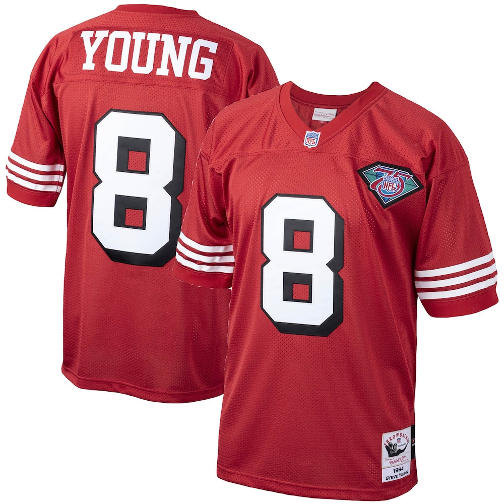 San Francisco 49ers Merch - Men's 1994 Steve Young Scarlet Authentic Throwback Retired Player Jersey - Mitchell & Ness - Football Gifts For Men