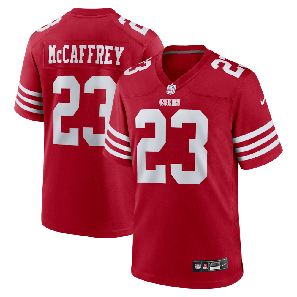 San Francisco 49ers Merch - Men's Christian McCaffrey Scarlet Jersey - American Football Fan Gifts