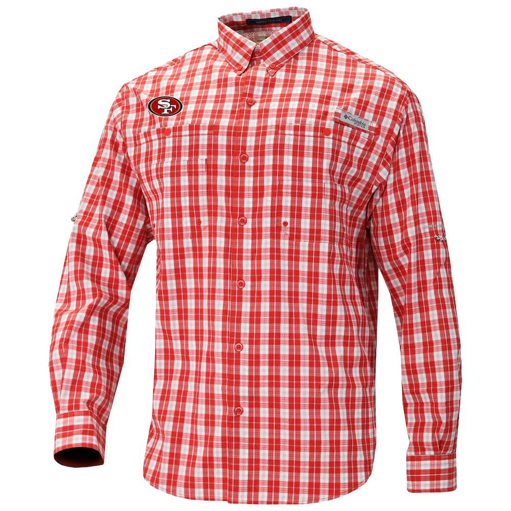 San Francisco 49ers Merch - Men's Columbia Scarlet Super Slack Tide Long Sleeve Button-Up - Gift For Football Fans