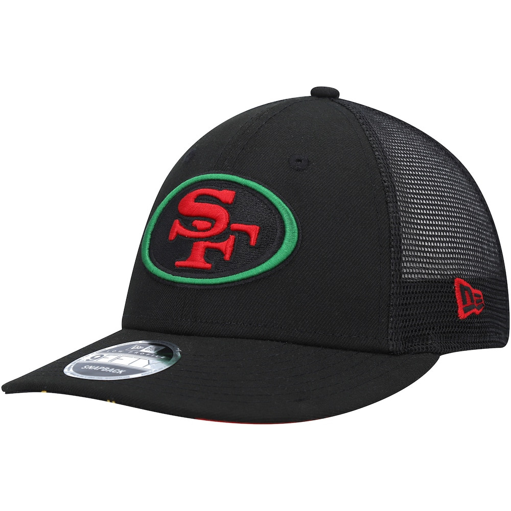 San Francisco 49ers Merch - Men's Excellence Collection Trucker Low Profile 9FIFTY Snapback Hat, Black - New Era - Best Football Gift Ideas