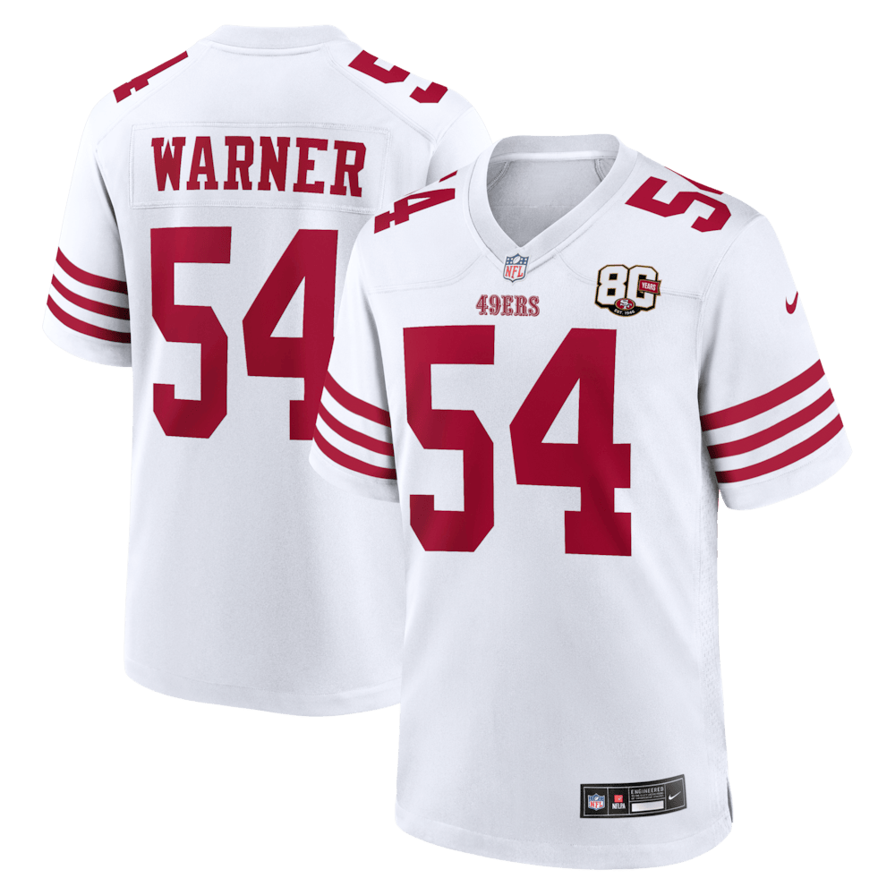 San Francisco 49ers Merch - Men's Fred Warner 80th Anniversary Game Jersey, White - Presents For Football Fans