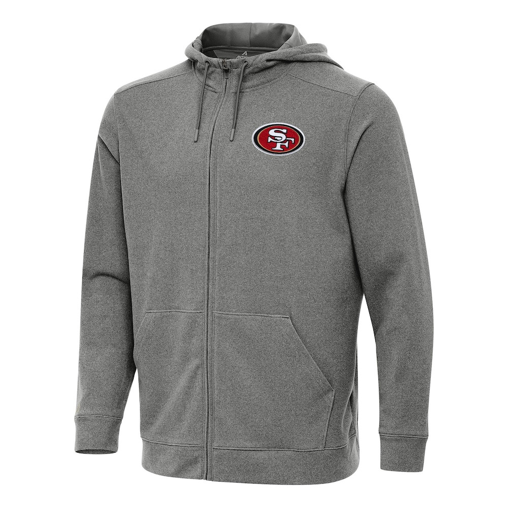 San Francisco 49ers Merch - Men's Heather Effortless Full-Zip Hoodie, Black - Antigua - Gift For Man Who Loves Football
