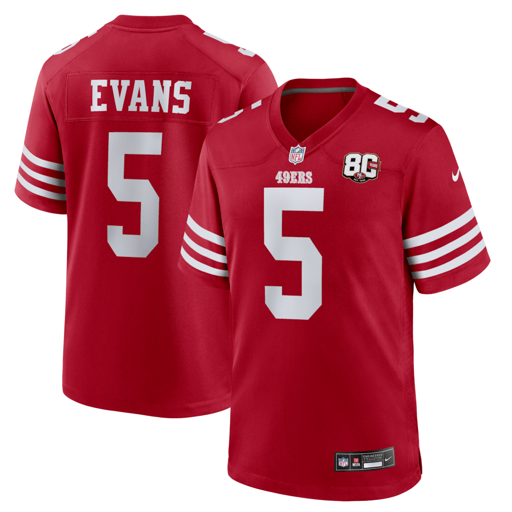 San Francisco 49ers Merch - Men's Mike Evans Scarlet 80th Anniversary Game Jersey  - Birthday Gift For Football Lover