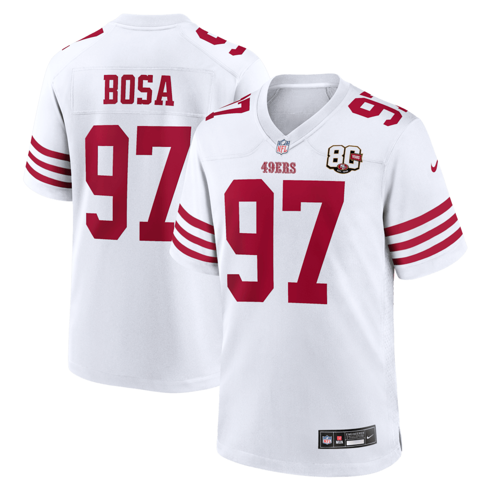 San Francisco 49ers Merch - Men's Nick Bosa 80th Anniversary Game Jersey, White - Football Fan Gear