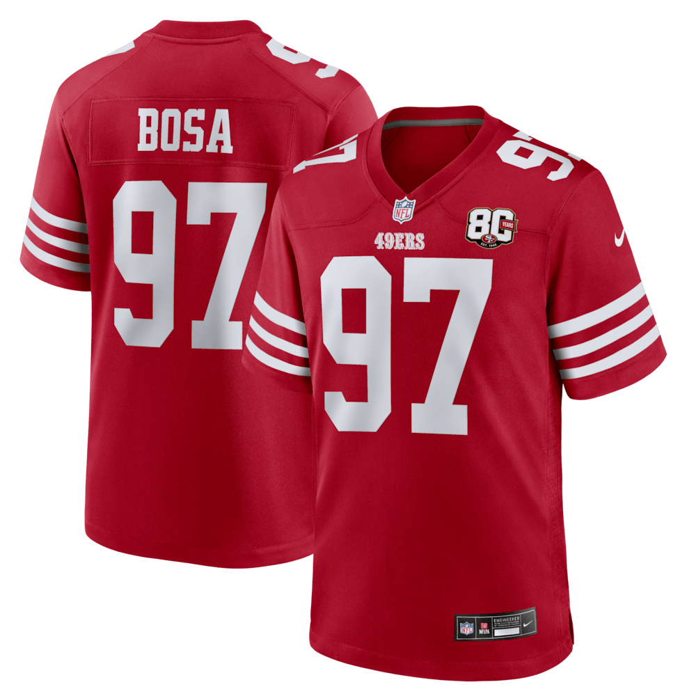 San Francisco 49ers Merch - Men's Nick Bosa Scarlet 80th Anniversary Game Jersey - American Football Gift Ideas