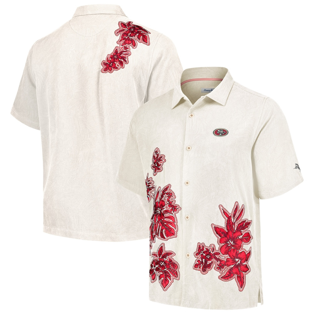 San Francisco 49ers Merch - Men's Tommy Bahama Cream Hibiscus Camp Button-Up Shirt - Football Related Gifts