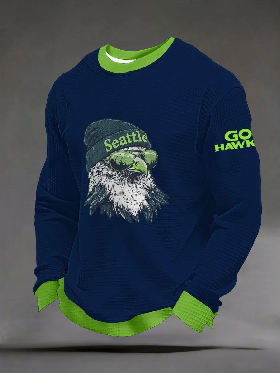 Seattle Football Go Hawks Waffle Long Sleeve T-Shirt Seahawks Merch Seattle Pride Shirt Navy