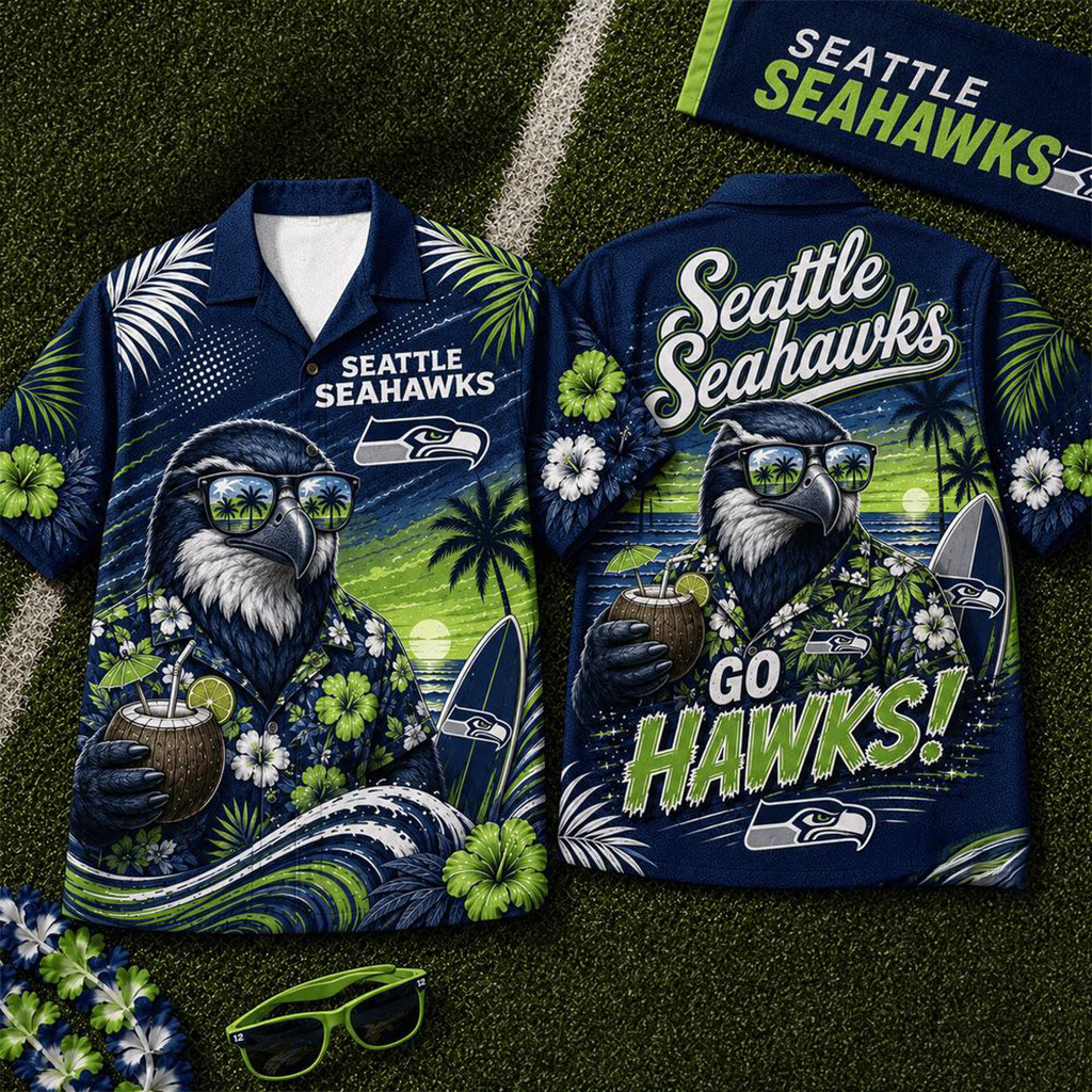 Seattle Seahawks 2026 Mascot Beach Vibes Summer Hawaiian Shirt Seahawks Merch Fan Present