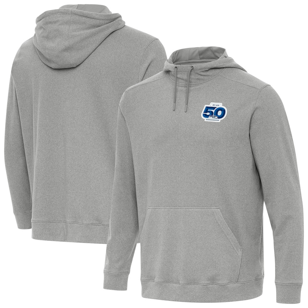 Seattle Seahawks Merch - Men's 50th Season Cloud Pullover Hoodie, Heather Gray - Antigua - Best Presents For Football Lovers