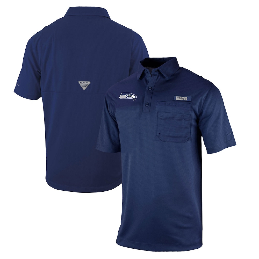 Seattle Seahawks Merch - Men's Columbia College Omni-Wick Flycaster Pocket Polo, Navy - Cool Gifts For Football Fans