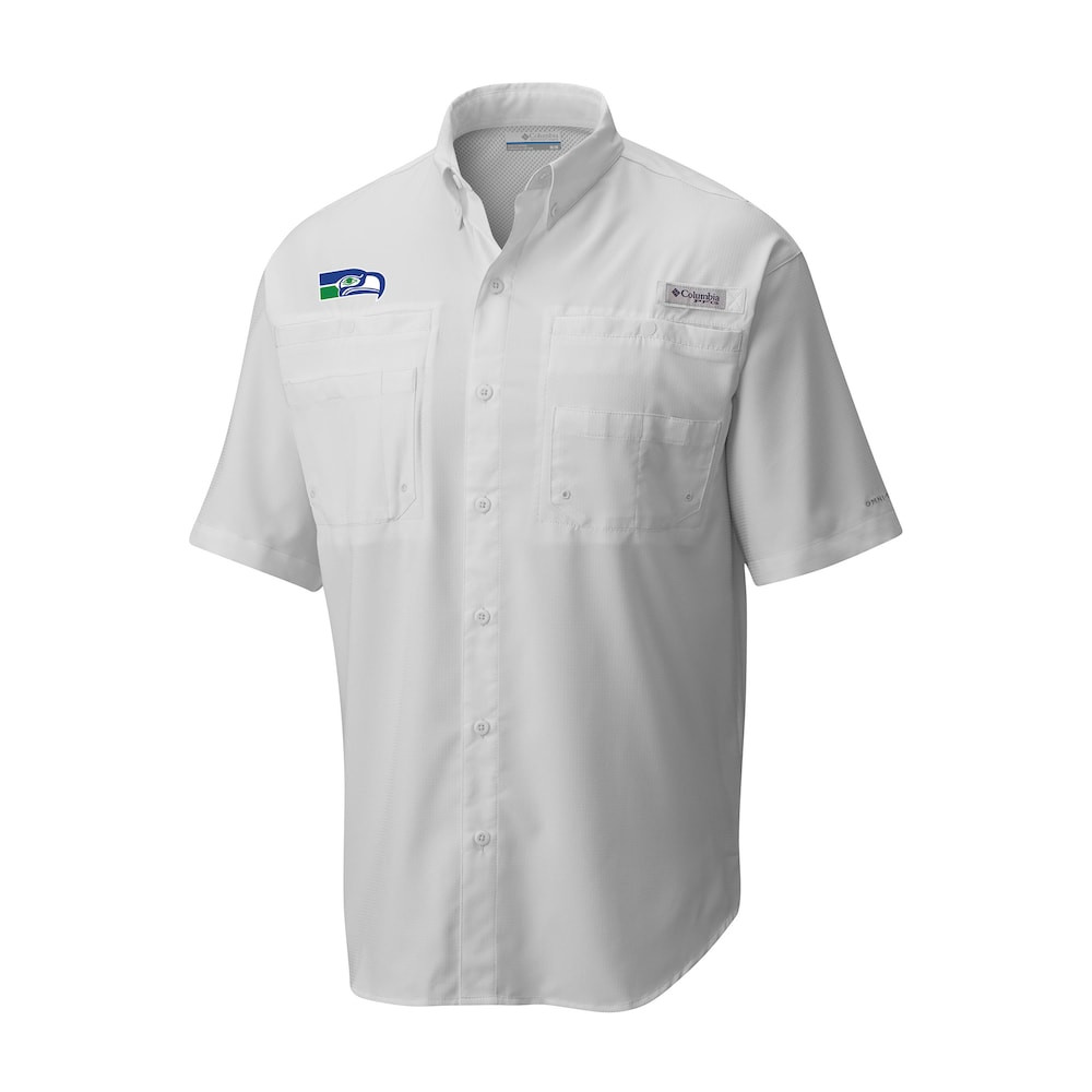 Seattle Seahawks Merch - Men's Columbia Throwback Logo Tamiami Omni-Shade Button-Down Shirt, White - Good Football Gifts