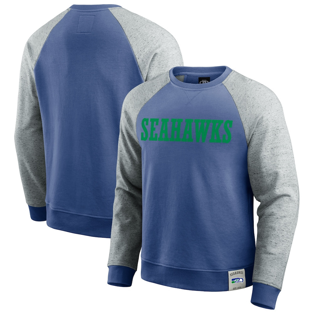 Seattle Seahawks Merch - Men's Darius Rucker Collection by Fanatics Royal Throwback Color Block Raglan Pullover Sweatshirt, Heather Gray - Football Gifts For Men