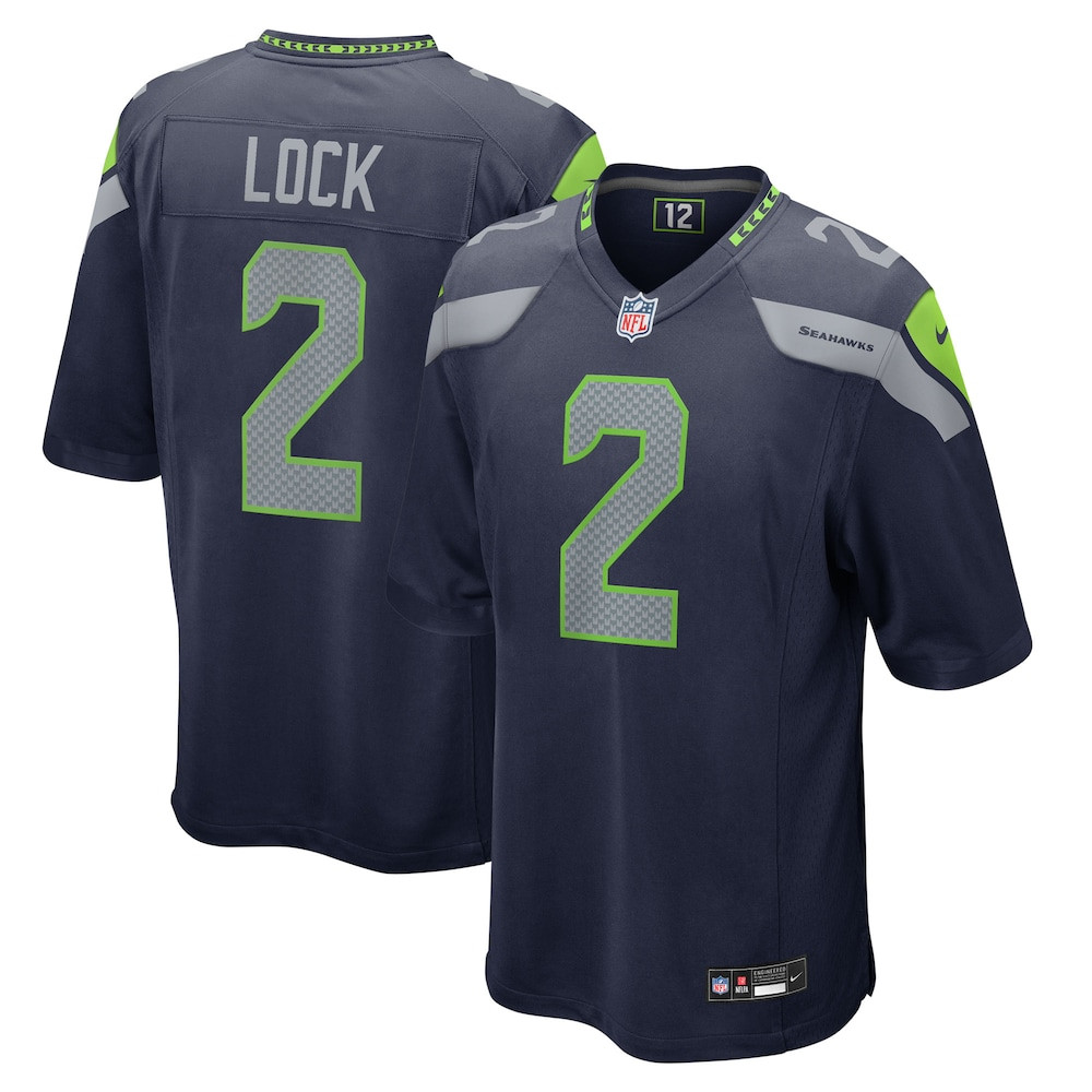 Seattle Seahawks Merch - Men's Drew Lock College Team Game Jersey, Navy - Best Birthday Gift For Football Lovers