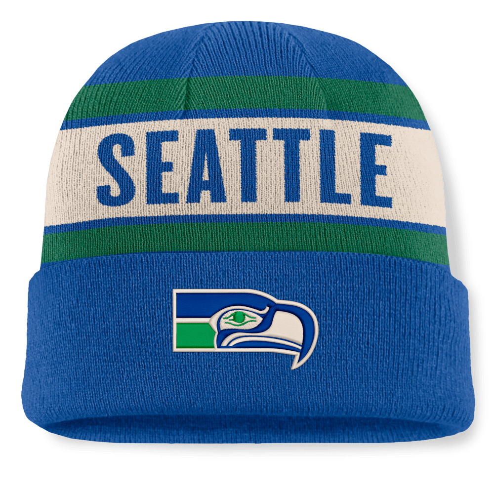 Seattle Seahawks Merch - Men's Fanatics Royal Chip Pass Cuffed Knit Hat - Good Gifts For Football Fans