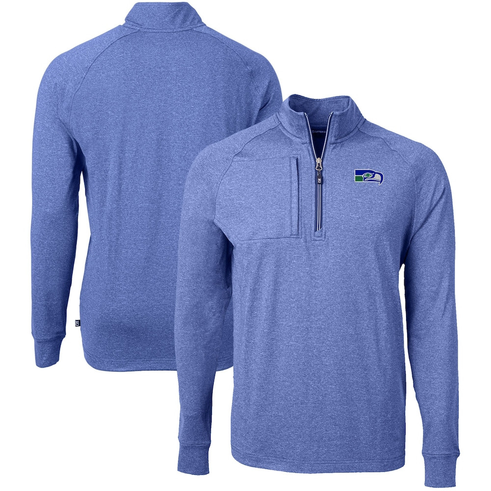 Seattle Seahawks Merch - Men's Heather Royal Adapt Eco Raglan Quarter-Zip Jacket, Big & Tall - Cutter & Buck - Birthday Ideas For Football Fan