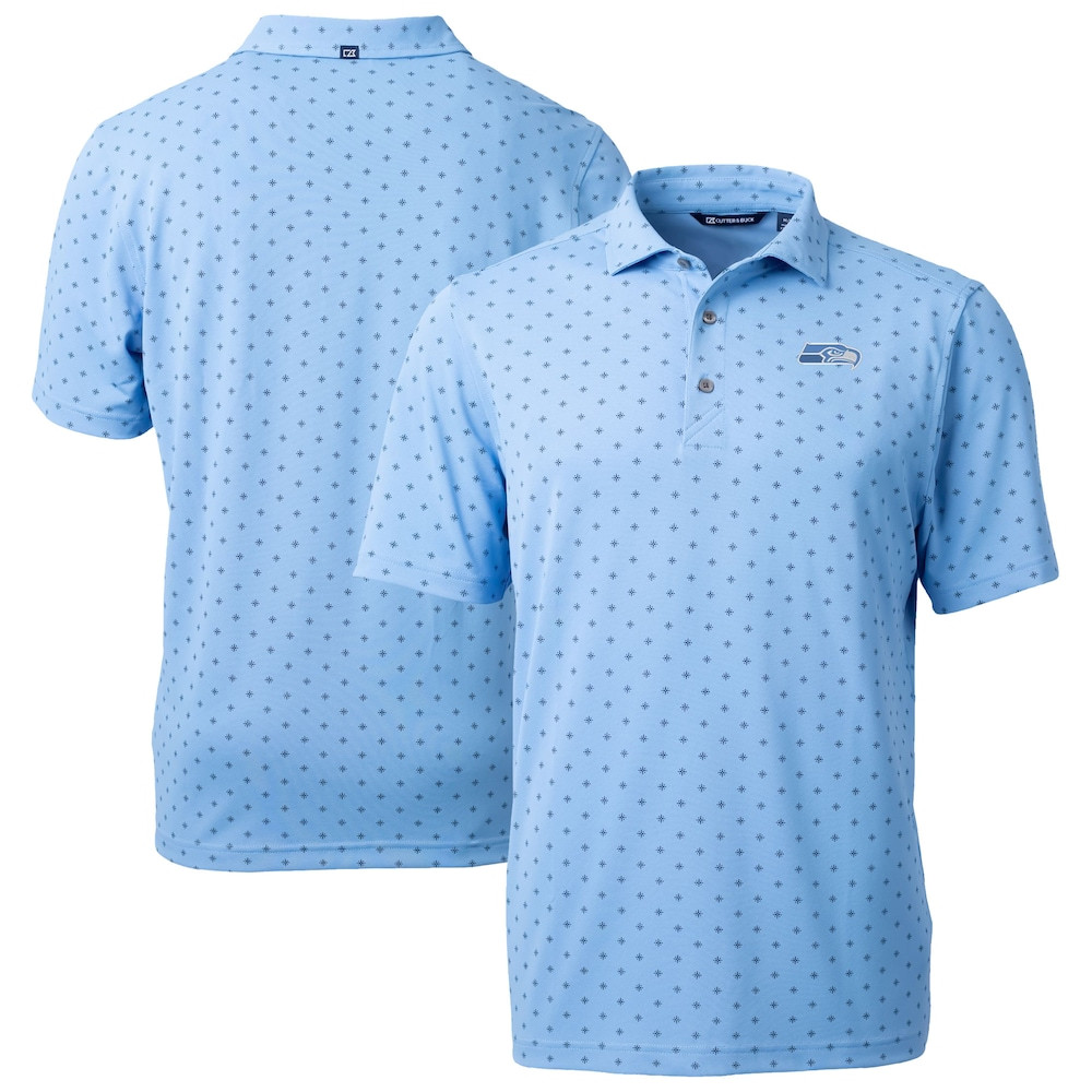 Seattle Seahawks Merch - Men's Powder Virtue Eco Pique Tile Print Recycled Polo, Blue - Cutter & Buck - Best Football Gifts