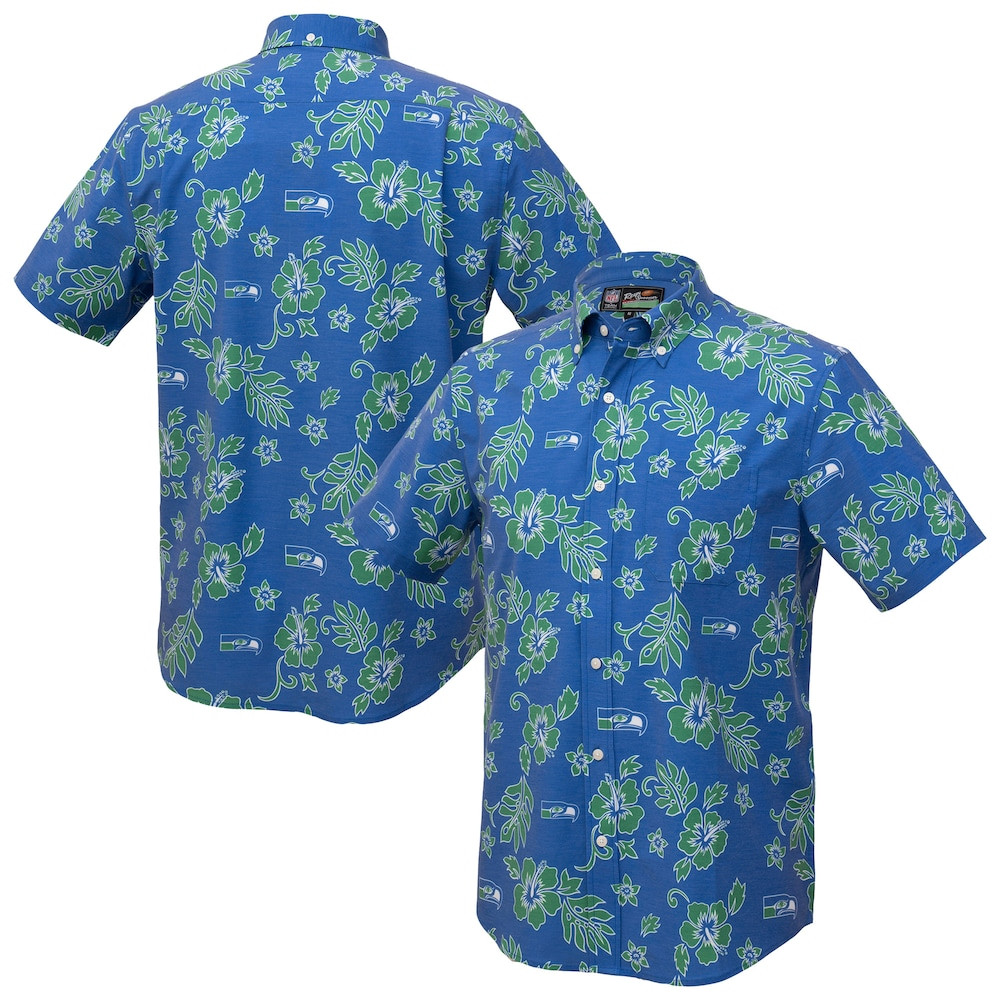 Seattle Seahawks Merch - Men's Reyn Spooner College Kekai Performance Button-Down Top, Navy - Presents For Football Lovers