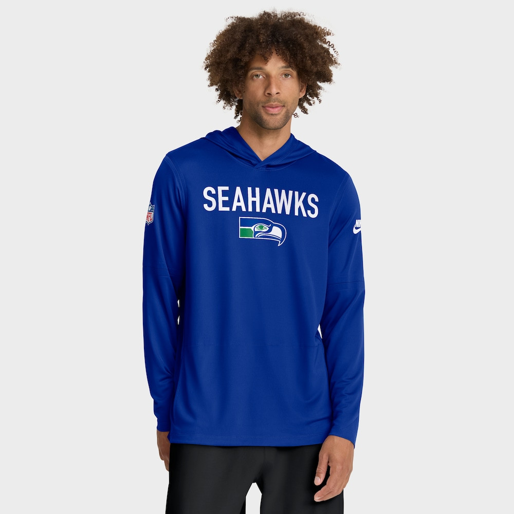 Seattle Seahawks Merch - Men's Royal Sideline Pass Accuracy Dri-FIT Long Sleeve Hoodie T-Shirt - Football Present Ideas