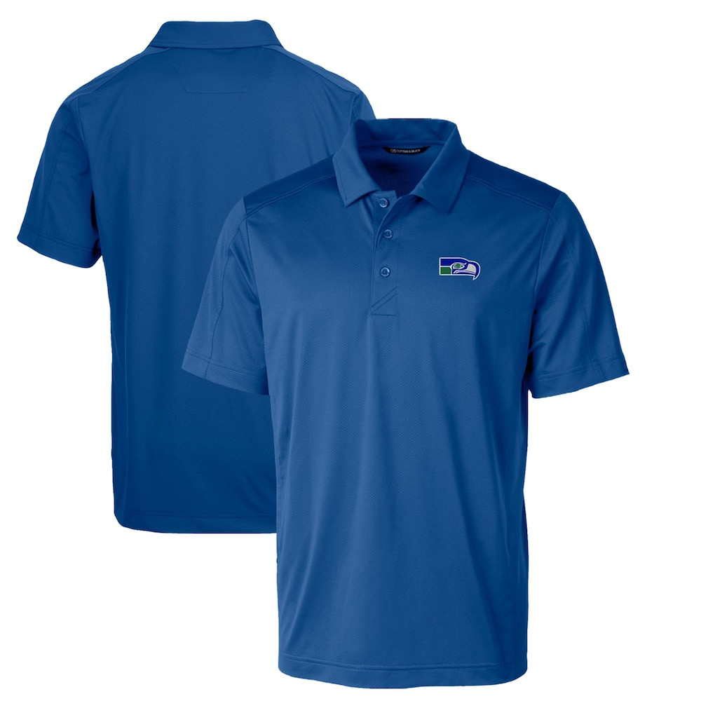 Seattle Seahawks Merch - Men's Royal Throwback Logo Prospect Textured Stretch Polo, Big & Tall - Cutter & Buck - Football Present Ideas