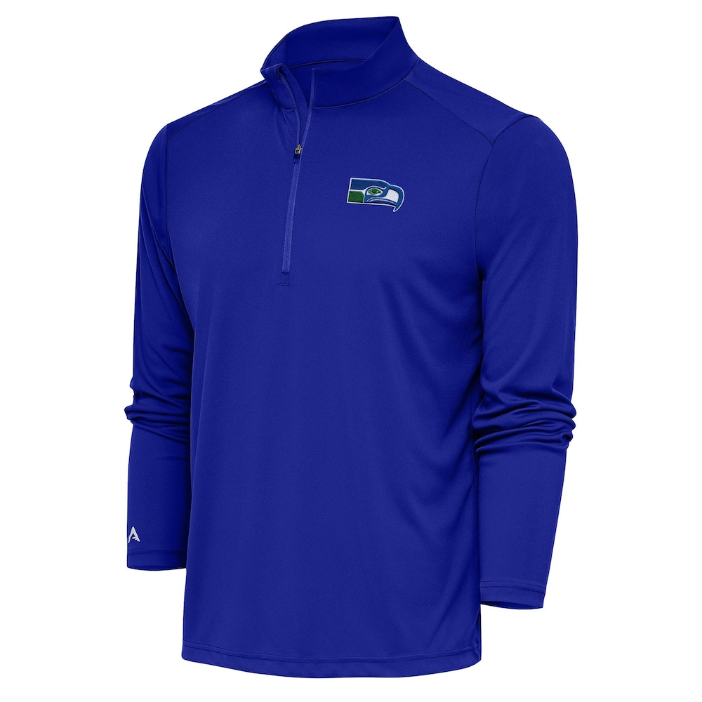 Seattle Seahawks Merch - Men's Royal Throwback Logo Tribute Quarter-Zip Pullover - Antigua - Football Enthusiast Gifts