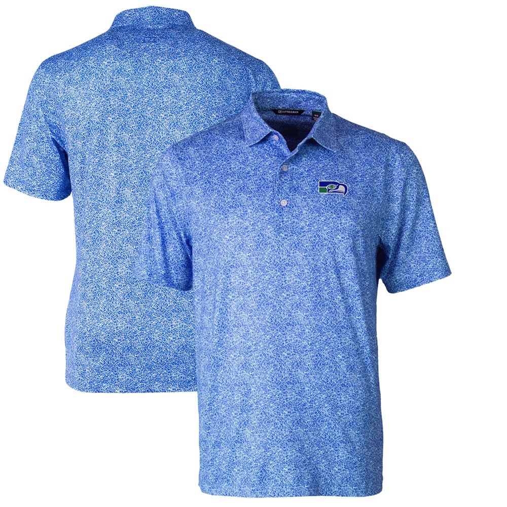 Seattle Seahawks Merch - Men's Throwback Logo Pike Constellation Stretch Polo, Blue - Cutter & Buck - Best Football Christmas Gifts