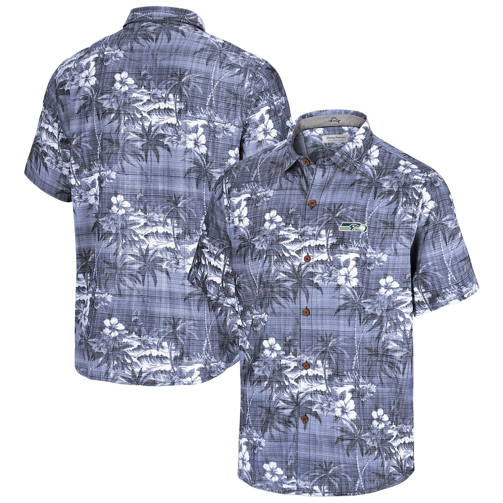 Seattle Seahawks Merch - Men's Tommy Bahama College Coconut Point Isla Palmetta Camp Button-Up Shirt, Navy - Football Team Gifts Ideas