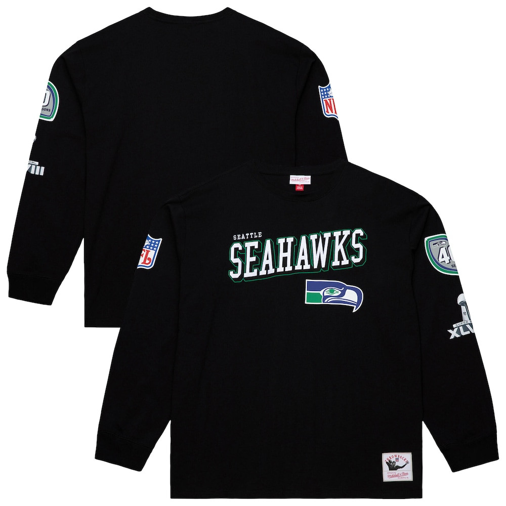Seattle Seahawks Merch - Men's Training Camp Vintage Logos Long Sleeve T-Shirt, Black - Mitchell & Ness - Football Gifts For Men