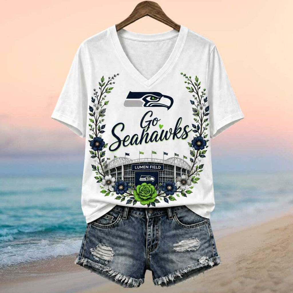Seattle Seahawks Merch Stadium Floral Wreath Go Seahawks Football V-Neck Shirt Gift For Fans