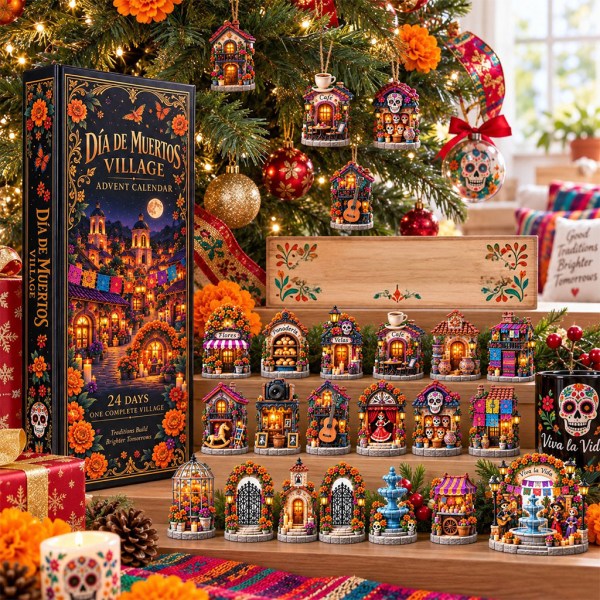Skull Dia De Muertos Village Advent Calendar Holiday Ornaments Christmas Tree Decorations - Image 2