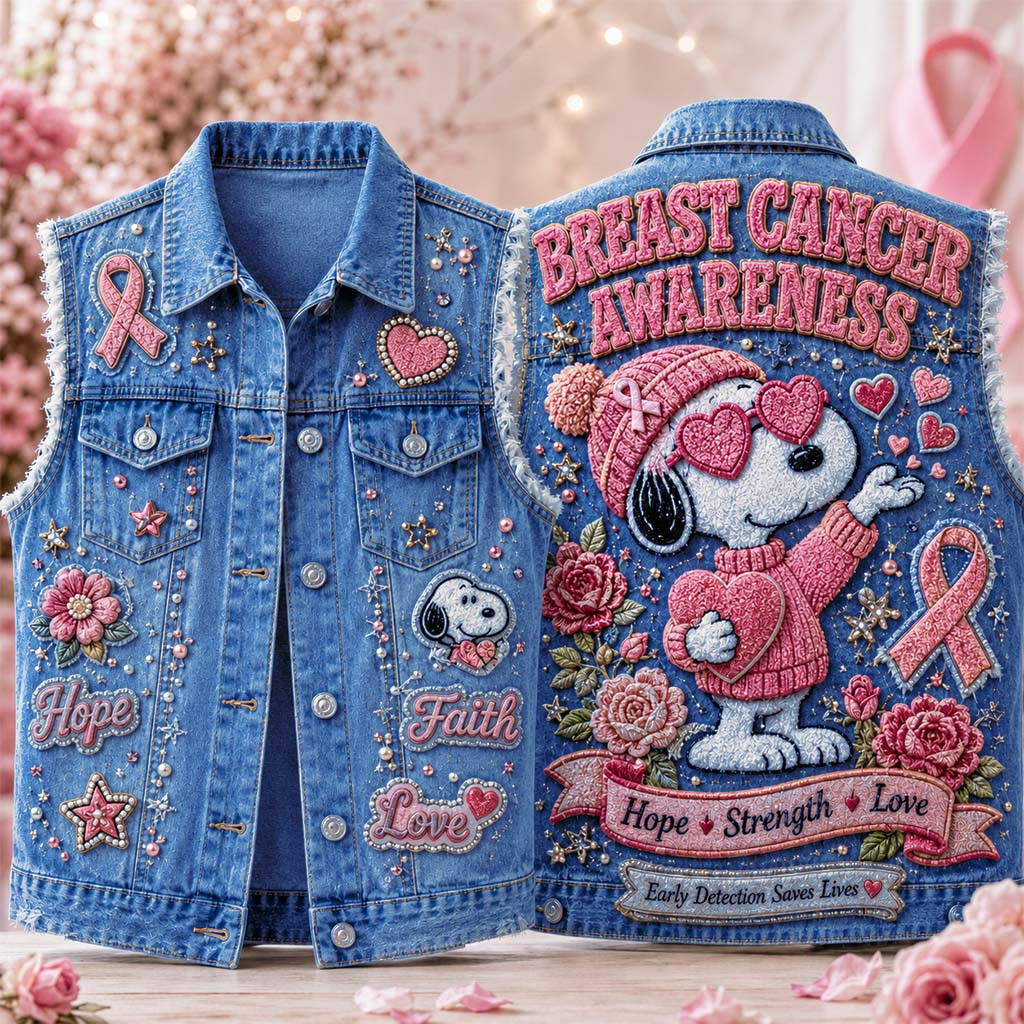 Snoopy Breast Cancer Awareness Denim Vest Hope Strength Love Merch Gift For Cancer Warriors