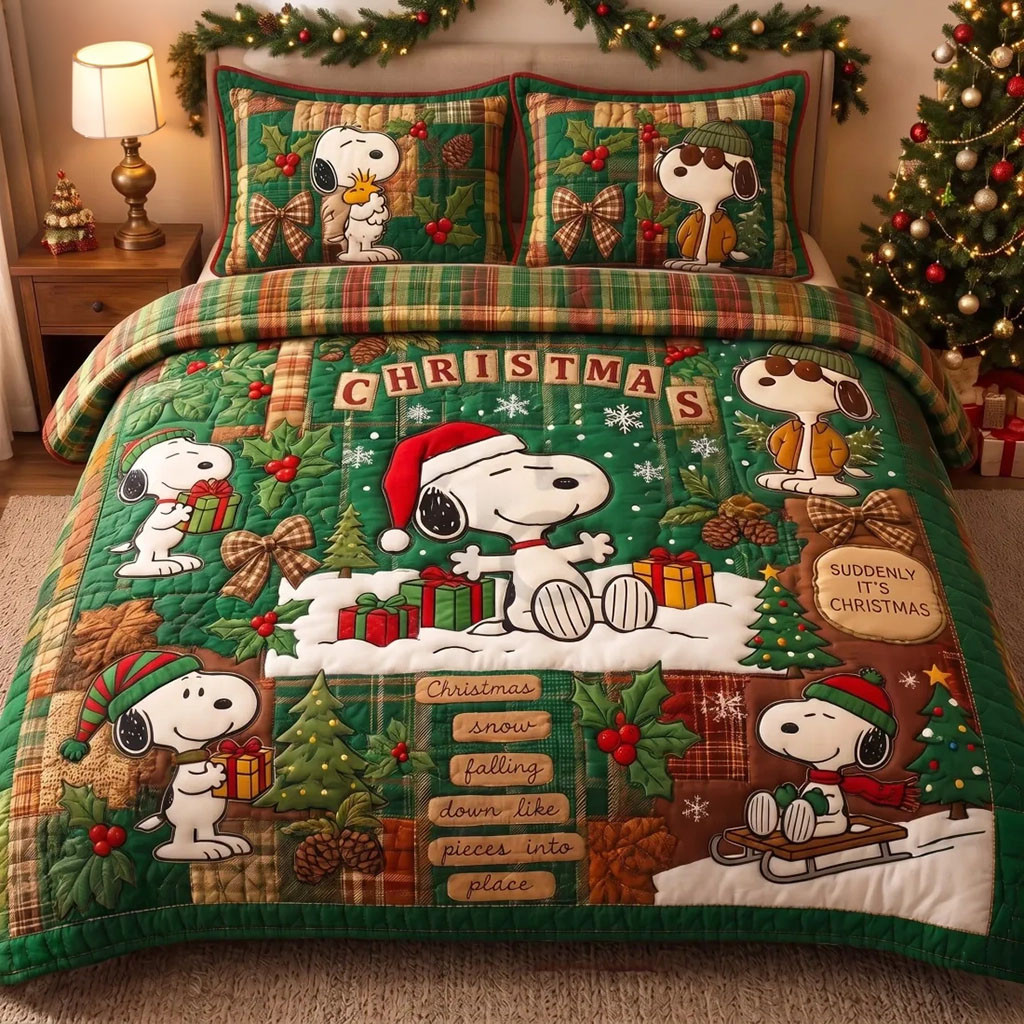 Snoopy Suddenly It's Christmas Quilt Bedding Set Holiday Bedroom Decor Gift For Snoopy Fan