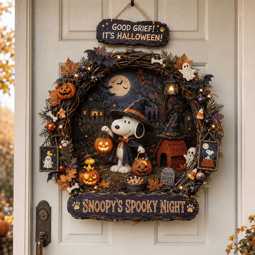 Snoopy's Spooky Night Door Sign Halloween Wreath House Decorative Gift For Family