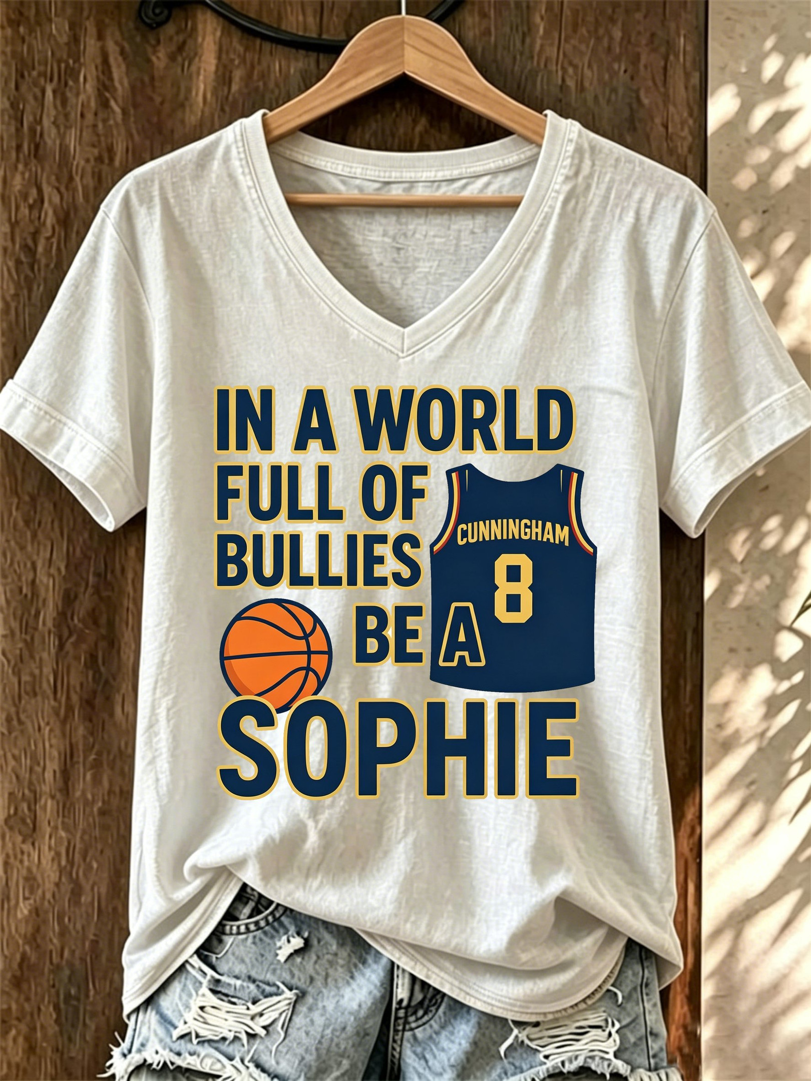 Sophie Cunningham Pointing V-Neck Shirt In A World Full Of Bullies Be A Sophie Merch Women