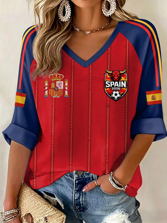 Spain 2026 World Cup Long Sleeve V-Neck Shirt Game Day Outfits FIFA Merch Spain Soccer Fan Gift