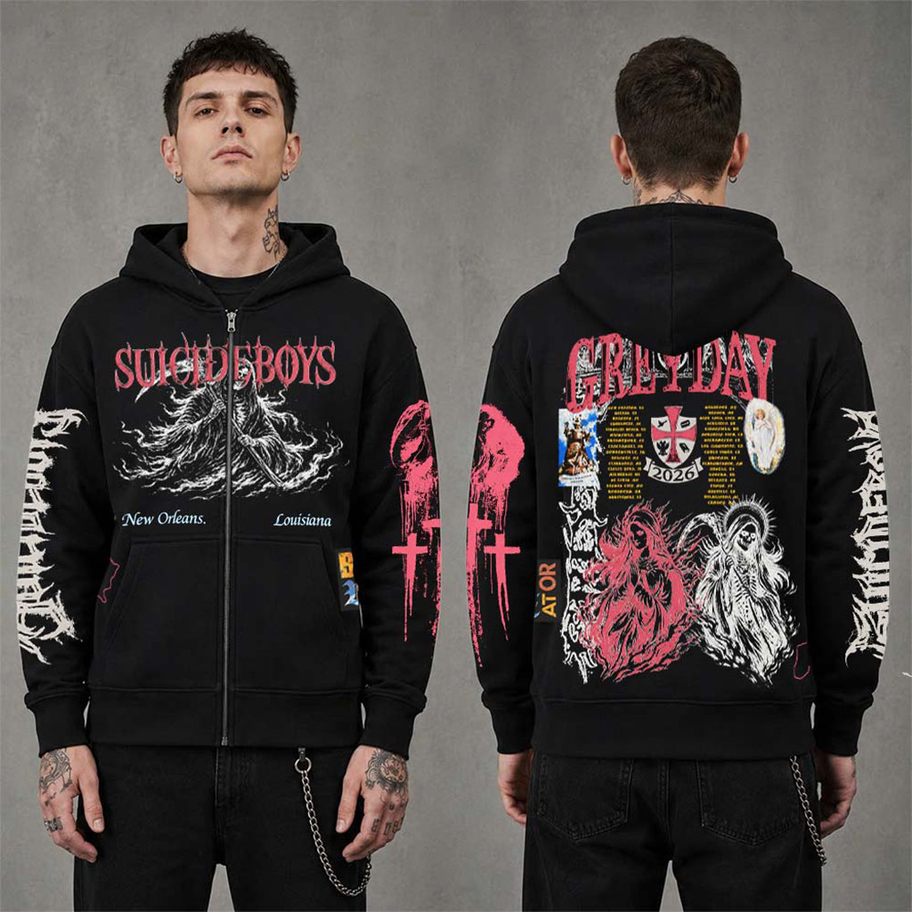 SuicideboyS Greyday 2026 Tour Grim Reaper Black Zip Up Hoodie SuicideboyS Merch Fan Gifts