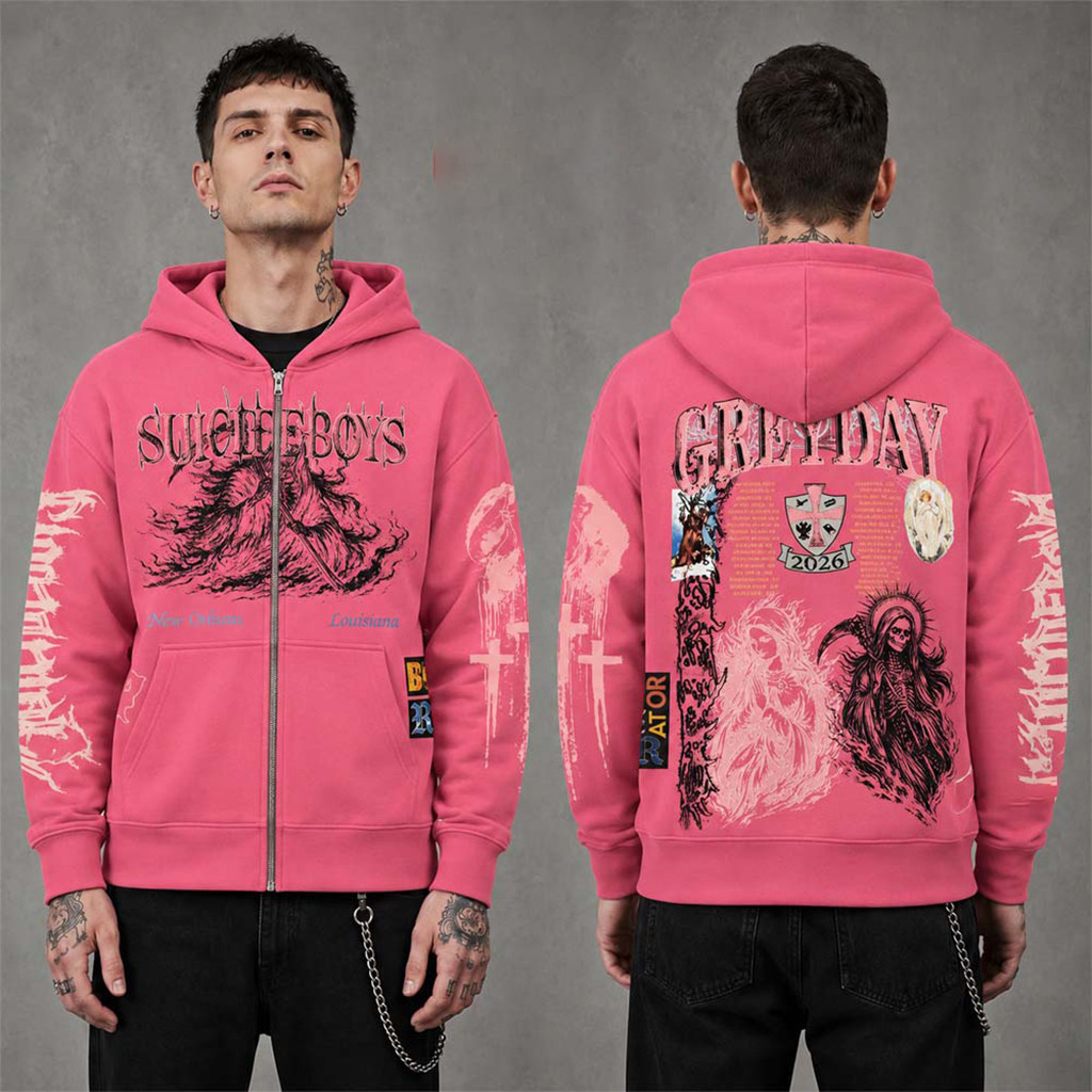 SuicideboyS Greyday 2026 Tour Grim Reaper Pink Zip Up Hoodie SuicideboyS Merch Hip Hop Fan Gear