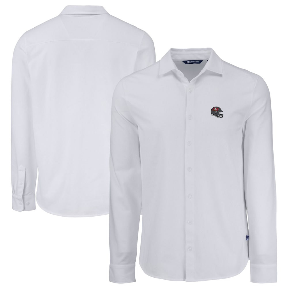 Tampa Bay Buccaneers Merch - Men's Knitted Advantage Eco Soft Pique Long Sleeve Button-Up Shirt, White - Cutter & Buck - Football Gifts For Him