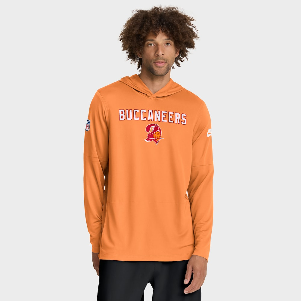 Tampa Bay Buccaneers Merch - Men's Sideline Pass Accuracy Dri-FIT Long Sleeve Hoodie T-Shirt, Orange - Football Fan Gear
