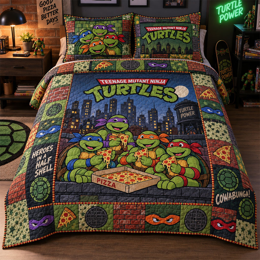 Teenage Mutant Ninja Turtles Pizza-Loving Heroes Quilt Bedding Set Comic Bed Decor TMNT Merch
