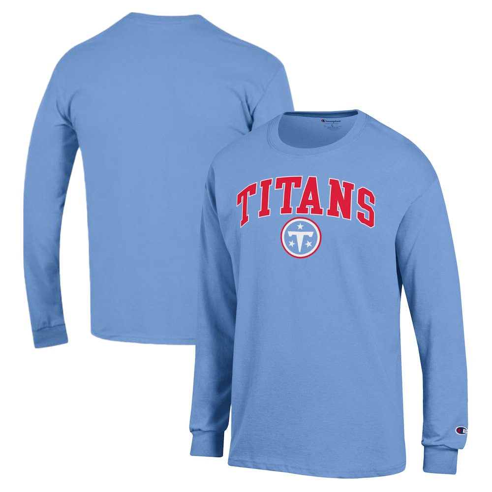 Tennessee Titans Merch - Men's Champion Light Arch Over Logo Long Sleeve T-Shirt, Blue - Cool Gifts For Football Fans