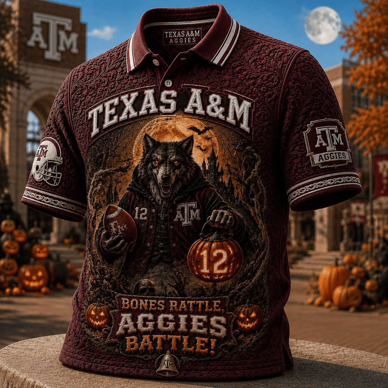 Texas A&M Merch Halloween 2026 Bones Rattle Aggies Battle Polo Shirt Football Fan Clothing