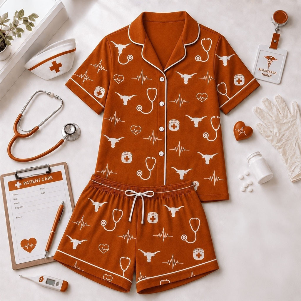 Texas Longhorns Heartbeats And Home Teams Short Sleeve Pajamas Set Longhorns Merch Fan Gifts
