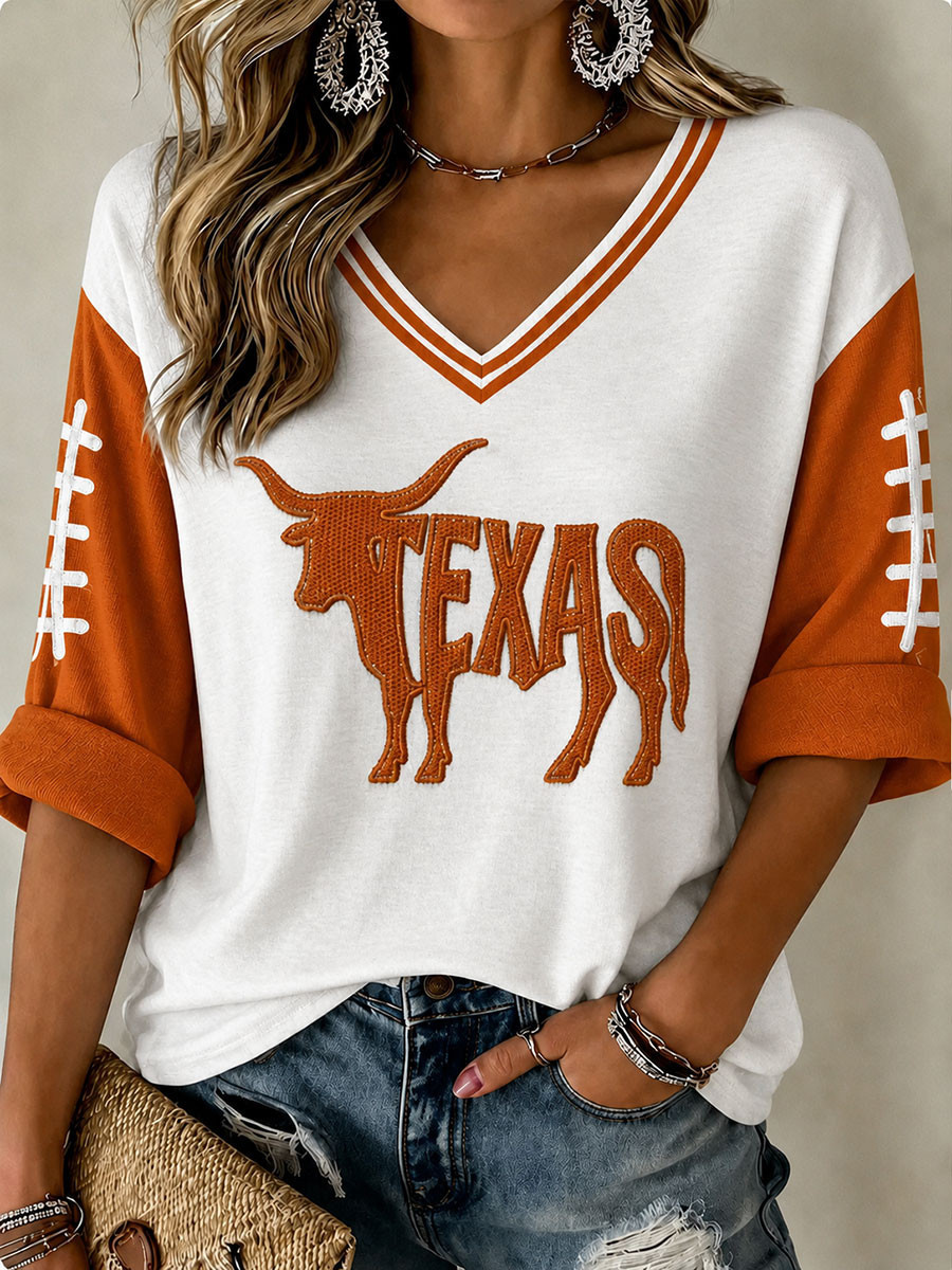 Texas Longhorns Merch Austin Texas Football Game Day Womens Long Sleeve V-Neck Shirt Fans Gifts