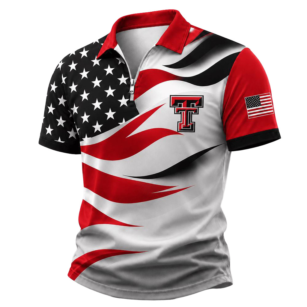 Texas Tech Red Raiders 2026 Freedom Wave Zipper Polo Shirt USA Flag Red Raiders Merch Men's