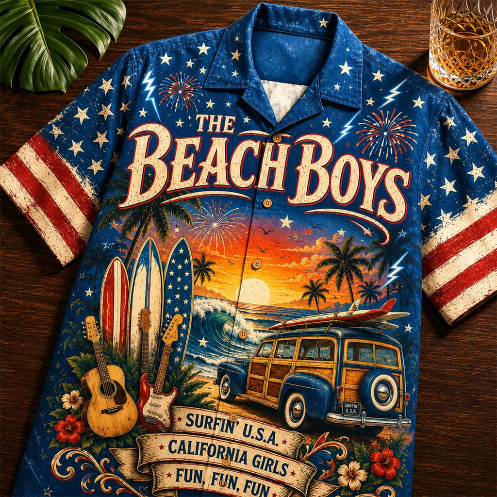 The Beach Boys Woodie Wagon Surfin USA 2026 Hawaiian Shirt The Beach Boys Merch Patriotic Gifts