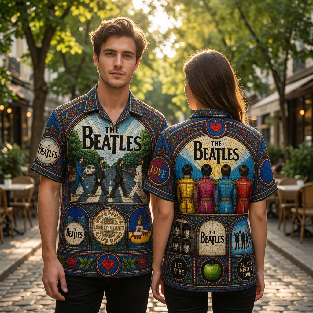 The Beatles Stained Glass Abbey Road Sgt Pepper Retro Rock Hawaiian Shirt The Beatles Merch